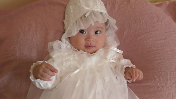 Cute Baby Model Wearing White Baby Dress, Smile and Cooing, Babbling