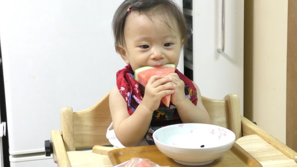 Baby will challenge the watermelon again. But it was still part of the skin that she ate.