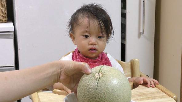 Fallen melon was cracked. The baby was the Suikawari(Watermelon Splitting). Or rather, Melonwari(Melon Splitting).